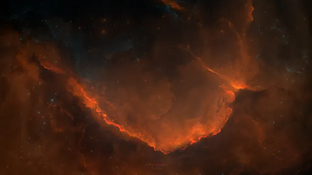 暗い空間での星とオレンジ色の星雲の形