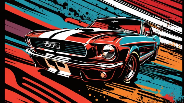 איור של פורד מוסטנג שלבי GT350 1965 בסגנון קומיקס גרפי ונועז, מפוצץ בקווים דינמיים 8K טפט