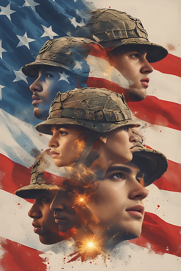 inspirativni umelecka pocta propojujici tvare a vlajky ruznych vojaku do zariveho symbolu jednoty a obeti stahnout