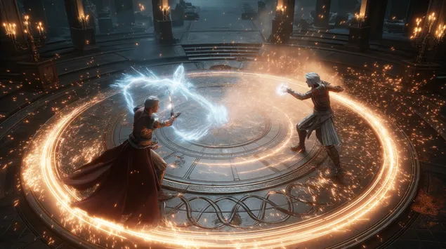 Įtempta dviejų galingų magų magiškos kovos scena 2K ekrano užsklanda