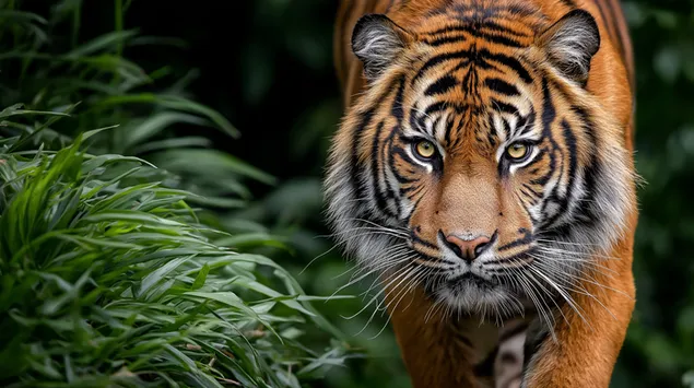 zastrasujoc tiger se prezi skozi listje dzungle prenos