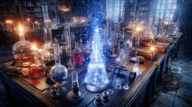 Ett intrikat alkemisklabb fullt av glödande bägare, bubblande trolldrycker och forntida texter 2K bakgrund