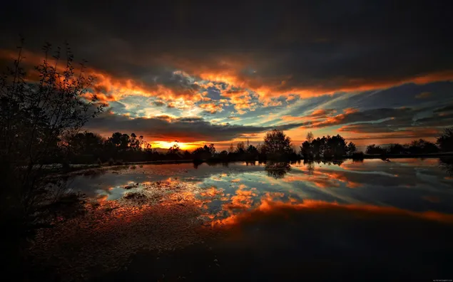 暗い雲の中で空を赤く染める太陽の光と湖の水に映る木々