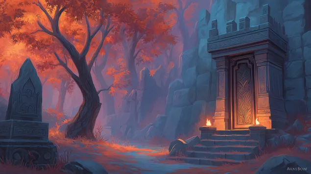 Një portë e vjetër prej guri qëndron misteriozisht në një pyll të magjepsur me gjethe të gjalla portokalli dhe të kuqe, 2K sfond