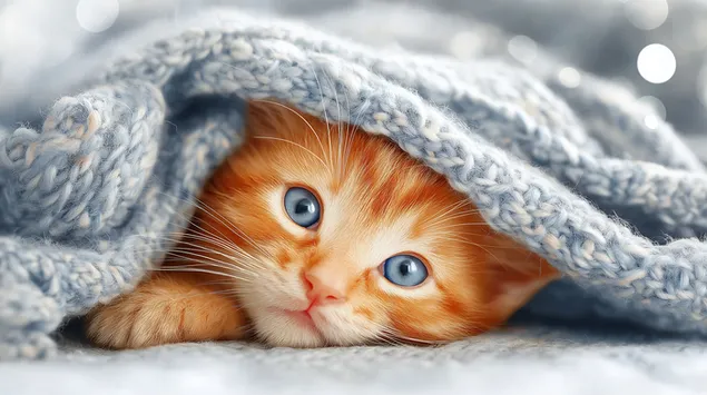 一隻橘色的貓咪在柔軟的針織毯下休息 2K 壁紙