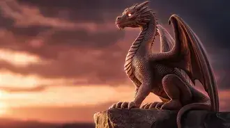 staroveka bronzova socha draka s vyhledem na krajinu pri zapadu slunce stahnout
