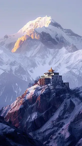 ancient buddhist monastery perched precariously upon a high snowy mountain peak in the himalayas download