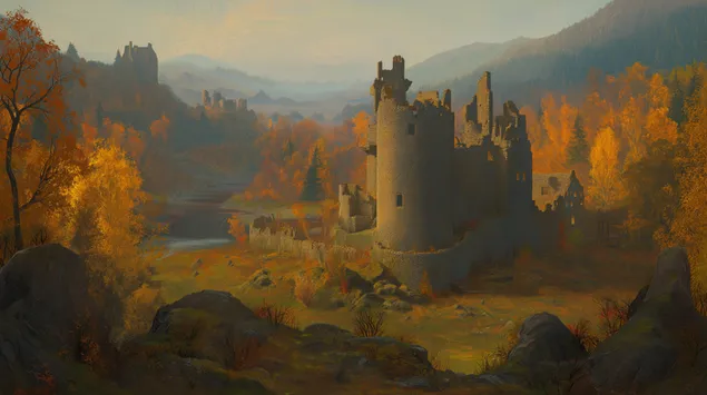 Rrënojat e Kalasë së Lashtë në Peizazhin e Malësisë së Vjeshtës 2K sfond