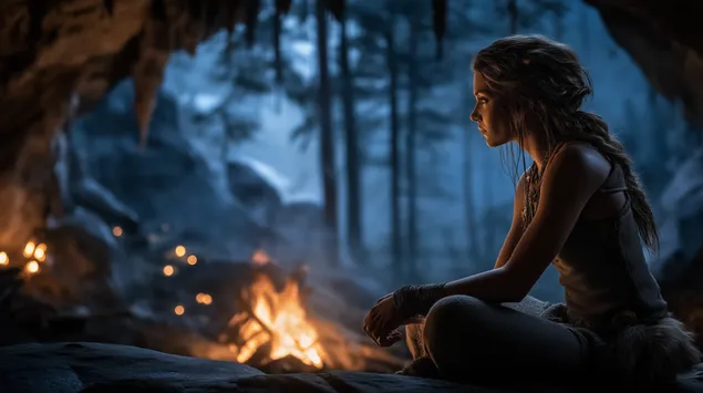 Senovės kontempliacija prie laužo miškingoje oloje 2K ekrano užsklanda