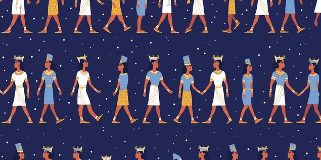 Senovės Egipto procesijos motyvas tekstilės rašte 2K ekrano užsklanda