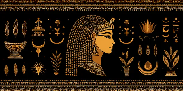 Senovės Egipto stiliaus hieroglifų menas ant juodo paviršiaus 2K ekrano užsklanda