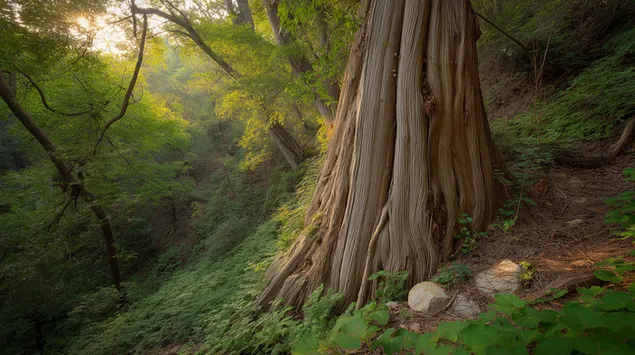 Ősi erdei óriások: Fenséges fatörzs buja zöld növényzet közepette 2K háttérkép