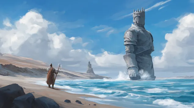 Hình nền Tượng đá khổng lồ cổ đại ở đại dương bên cạnh Lone Wanderer 2K