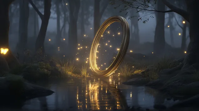 antieke glimmende portaal in 'n mistieke bosstroom aflaai