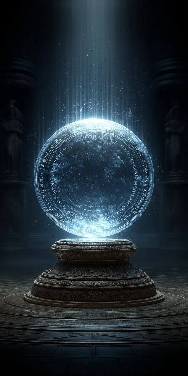 어두운 돌 받침대 위에 놓인 룬 문자가 새겨진 고대의 빛나는 구슬 HD 배경화면