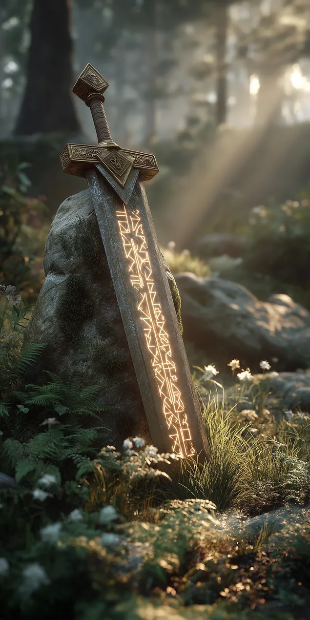 Al glühend Runeschwäert a Steen an enger Bëschliichtung agebett HD Tapeten