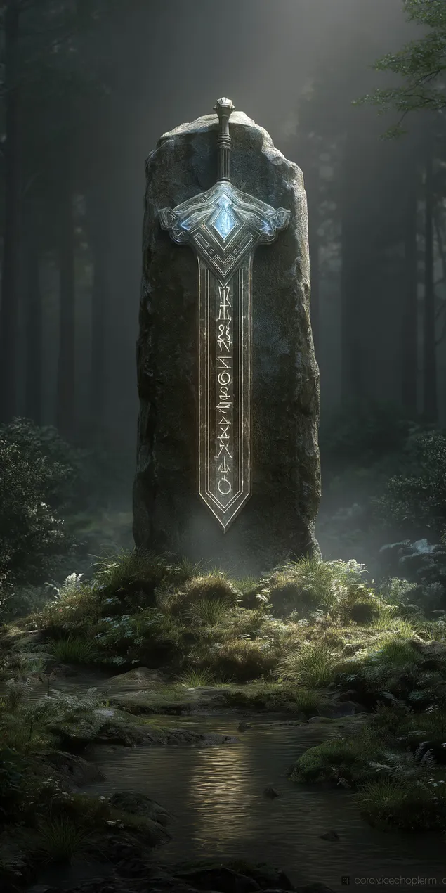 Шпалери Стародавній сяючий меч, вбудований у кам'яний моноліт у лісі HD