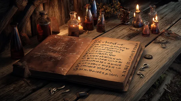 ahsap masada mumlarla acilan antik grimoire indir