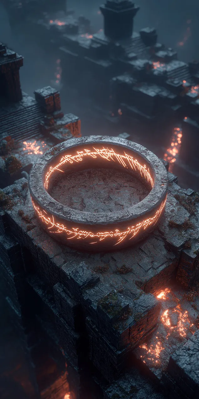 Alen mythesche Rank, deen mat Runen an engem niwwelegen Tempel liicht HD Tapeten