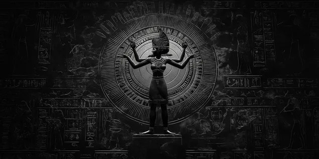 Figură mitologică antică pe un perete hieroglific de piatră 2K imagine de fundal