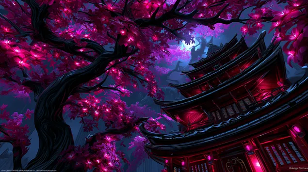 drevnyaya pagoda, proglyadyvayushchaya skvoz' svetyashchiysya tsvetochnyy naves v sumerkakh skachat'