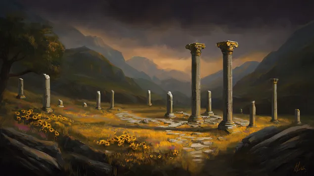 Rrënojat e lashta dhe luledielli nën qiellin dramatik 2K sfond