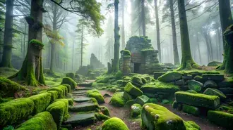 이끼로 덮인 돌과 신비로운 분위기가 있는 안개 낀 숲 속의 고대 유적지 4K 배경화면