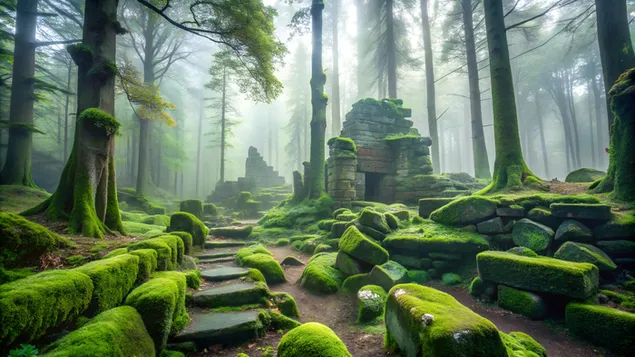 Rrënojat e lashta në një pyll me mjegull me gurë të mbuluar me myshk dhe një ambient mistik 4K sfond