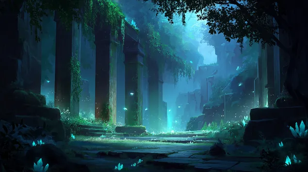 Antiche rovine ricoperte da una flora lussureggiante e cristalli luminosi 2K sfondo