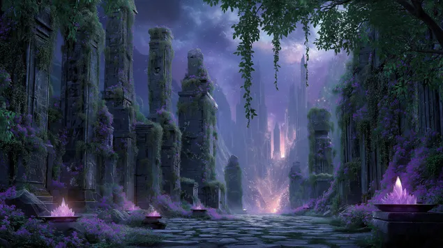 Antiche rovine con cristalli luminosi e nebbia misteriosa 2K sfondo