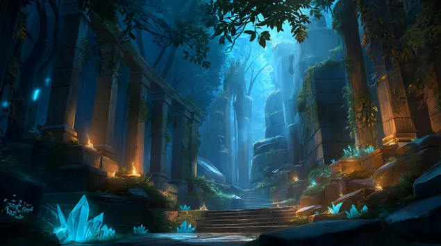 antiche rovine con cristalli luminosi e viticci magici scarica