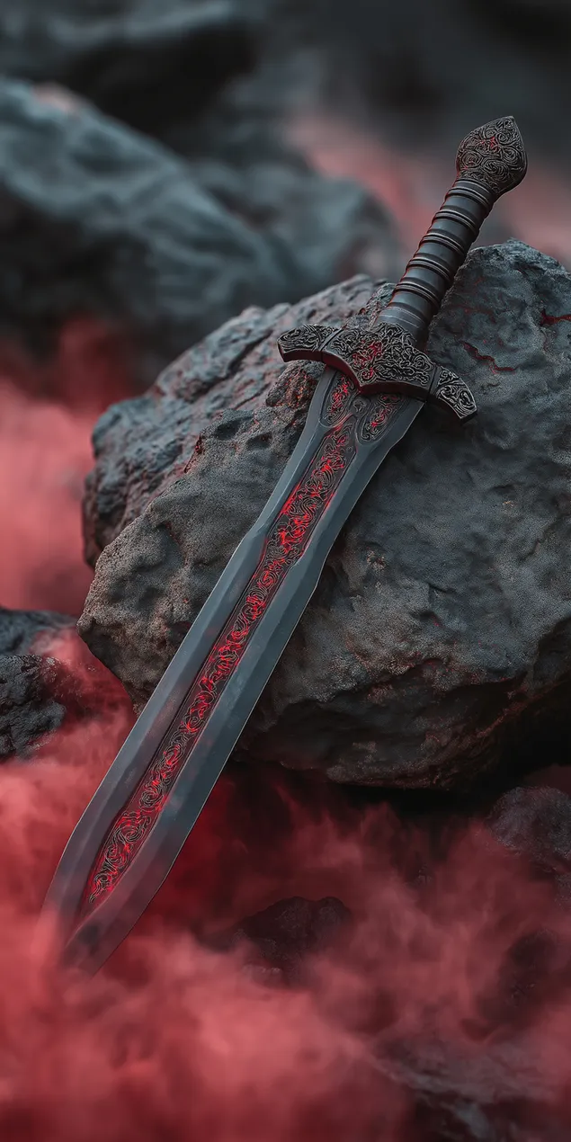 al runengraveiert schwaert, dat op engem fiels am niwwel lait eroflueden