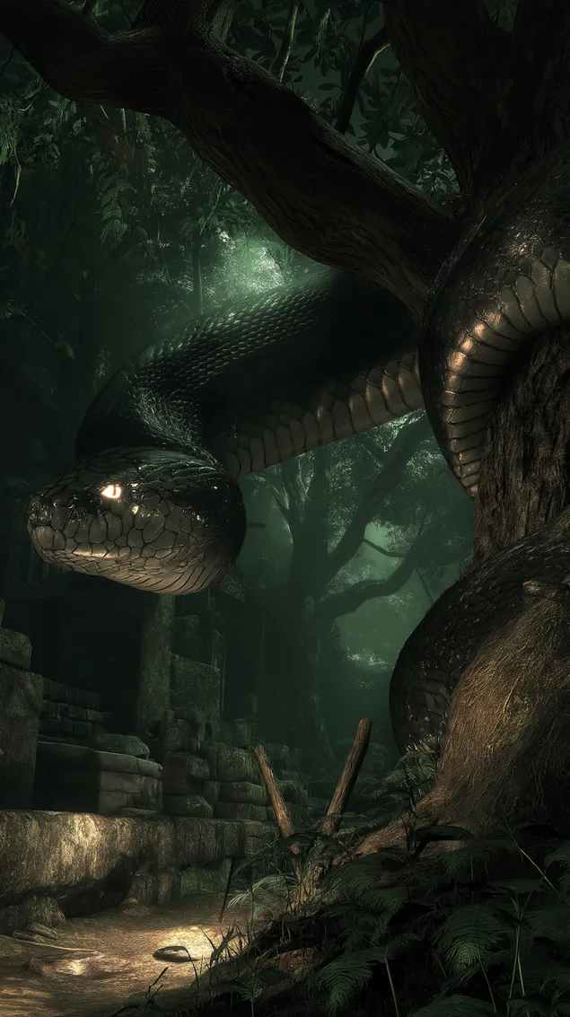 נחש עתיק מפותל בין מקדש וג'ונגל הרוסים HD טפט