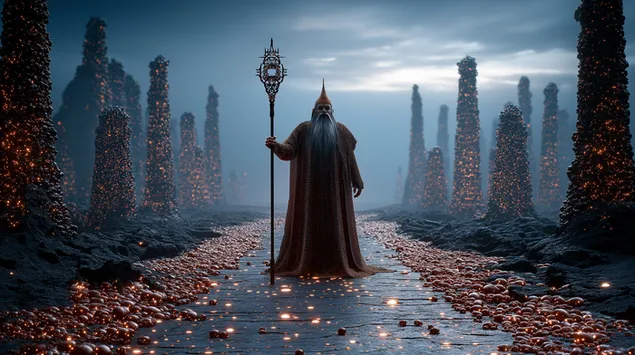 muat turun ahli sihir purba di laluan bercahaya melalui tiang mistik