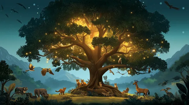 muat turun pokok kehidupan purba dengan daun bercahaya dan haiwan liar