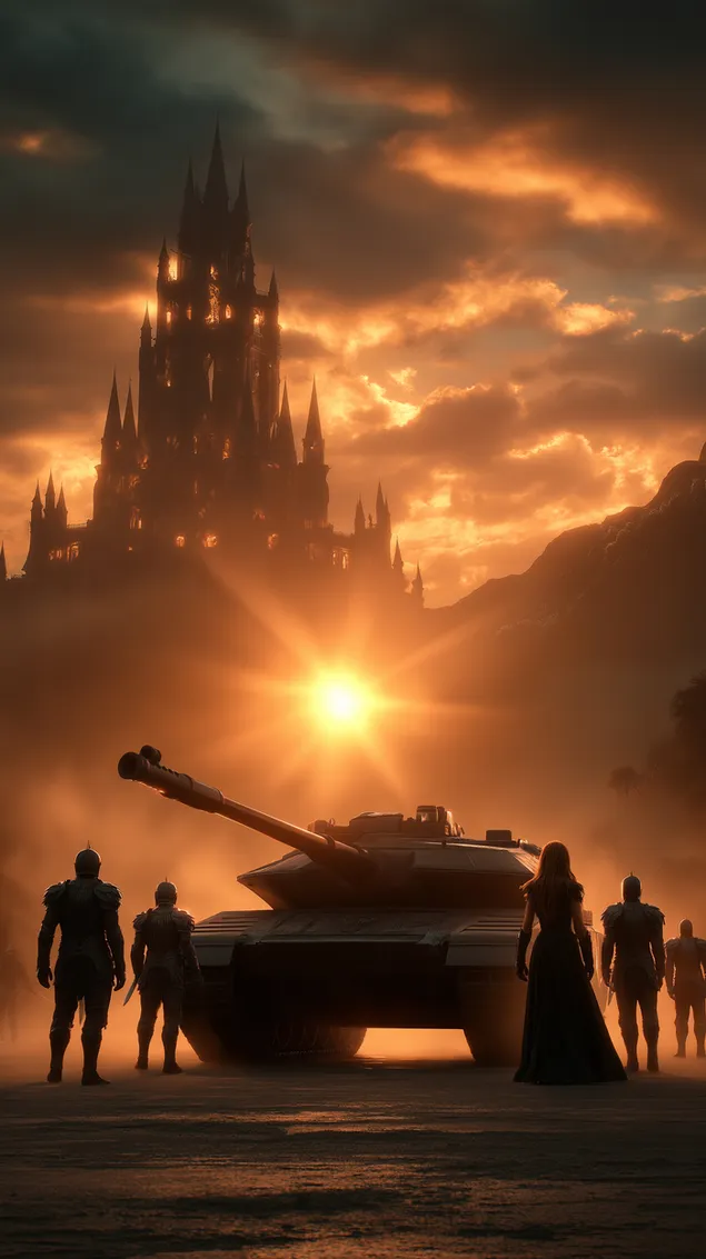 antic vs. modern: cavallers i tanc a la posta de sol ardent baixada