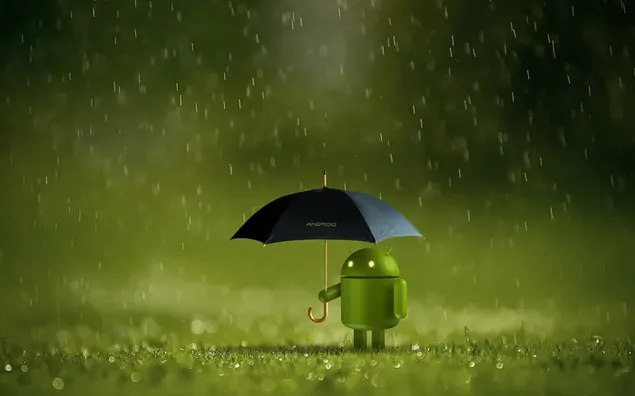 Android OS-afbeelding onder een zwarte paraplu in de regen download