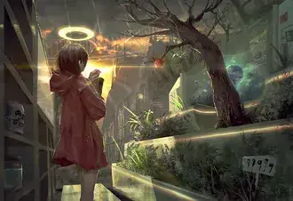 Angel anime girl holding libro cerca de árbol seco 2K fondo de pantalla