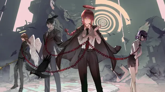 Анђео Ђаво, Аки Хаиакава, Макима и Резе из анимеа Човек са моторном тестером 8K позадина