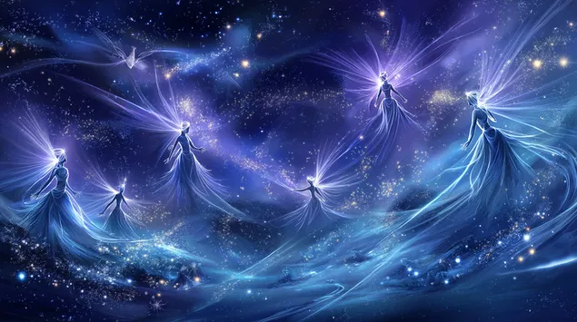 Figuras angelicais em uma cena espacial celestial radiante 2K papel de parede