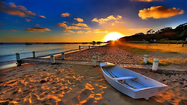Ánh nắng mặt trời ló dạng dưới đáy biển và cây cối và chiếc thuyền nhỏ có hàng rào bằng gỗ trên bãi biển