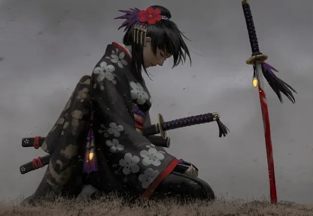 Taustakuva Anima samurai tyttö miekka vyötäröllä pukeutunut taistelupuku sumuisessa ympäristössä 4K
