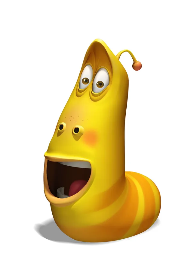 Animal de larva de personaje animado naranja amarillo con expresión confusa sobre fondo blanco
