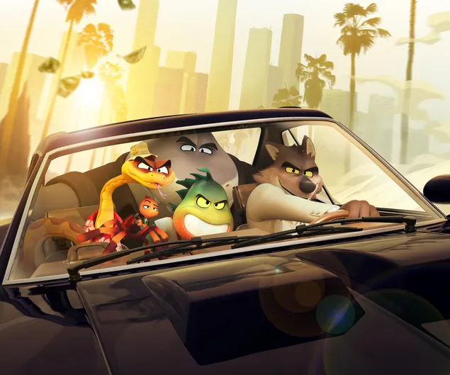 Geanimeerde dieren in een zwarte auto uit de animatiefilm The Bad Guys 2K achtergrond
