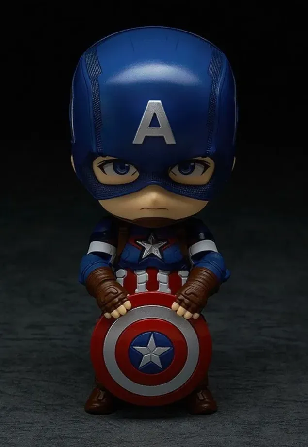 Nen simpàtic animat vestit amb el vestit del Capità Amèrica del personatge de superheroi de Marvel baixada
