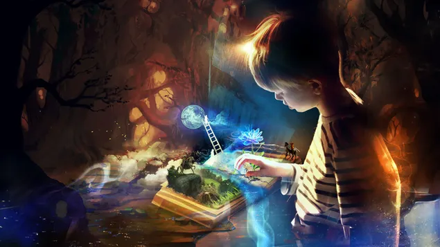 Animated fantasy world and fairy tale world where the child travels with the book