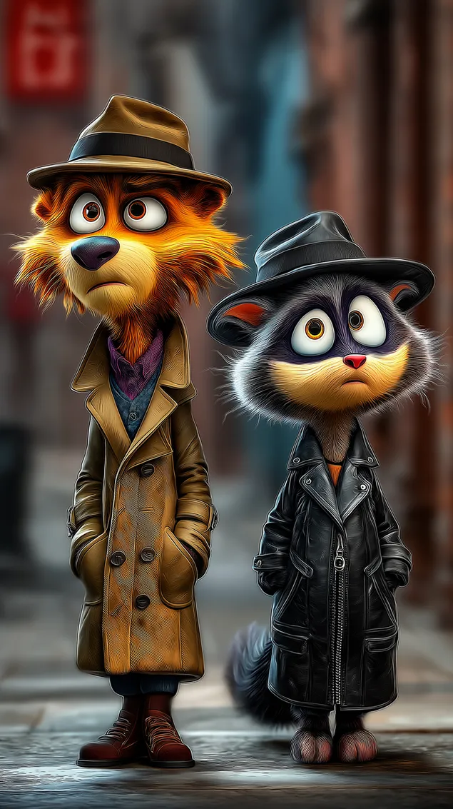 Animirani mačji detektiv Duo z dolgim ​​plaščem Fedora Resen videz HD ozadje
