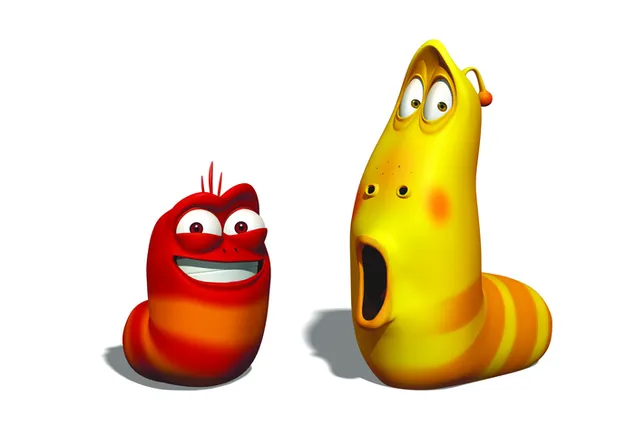 Film animasi dua larva berwarna kuning, oranye dan merah, difoto dengan warna putih unduhan