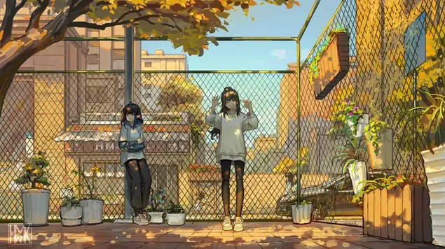 Anime Artistik - Dua gadis di jalan unduhan