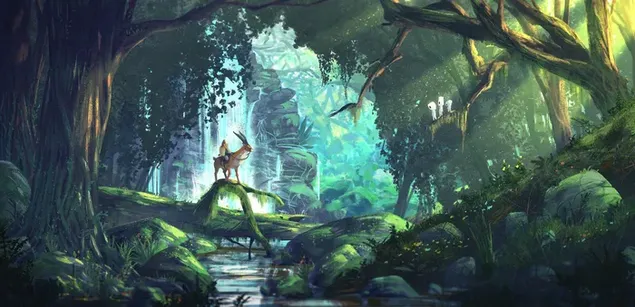 Anime - Ashitaka und Yakul im Wald (Prinzessin Mononoke)